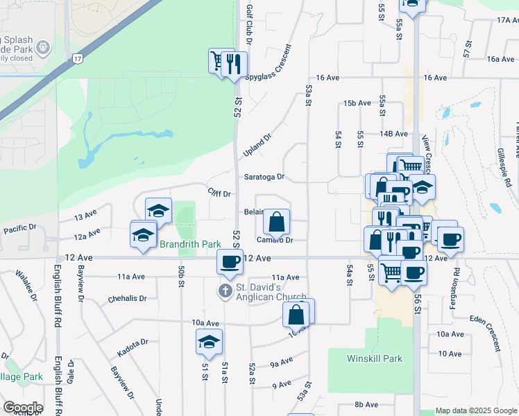 map of restaurants, bars, coffee shops, grocery stores, and more near 5237 Belair Drive in Delta