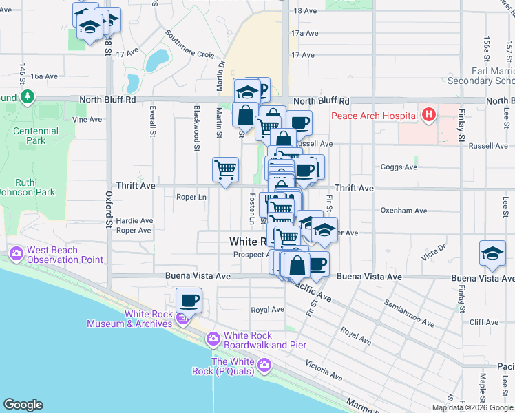 map of restaurants, bars, coffee shops, grocery stores, and more near 1355 Winter Street in White Rock