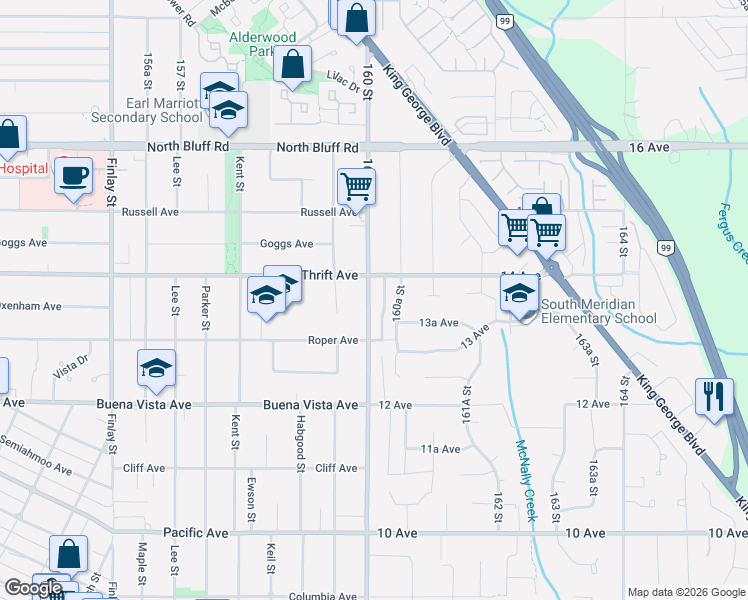 map of restaurants, bars, coffee shops, grocery stores, and more near in Surrey