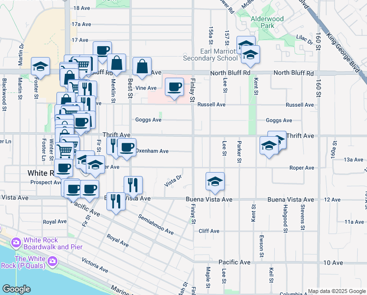map of restaurants, bars, coffee shops, grocery stores, and more near 15569 Oxenham Avenue in White Rock