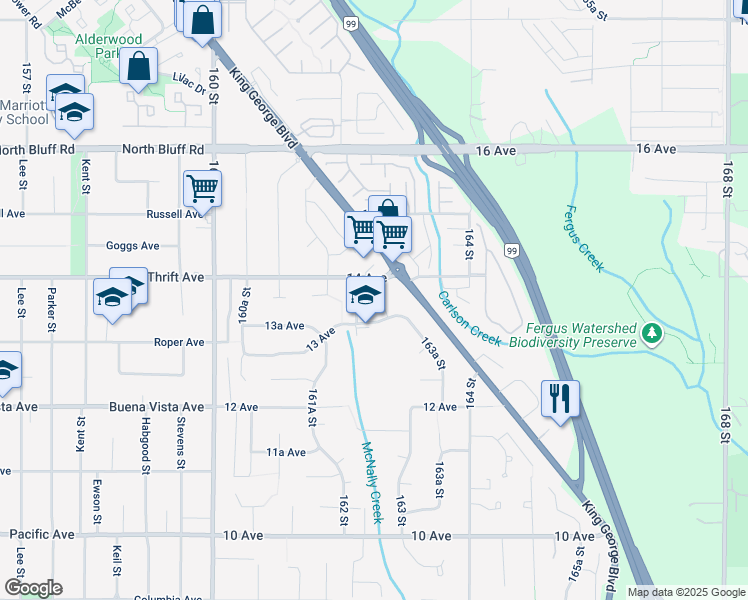 map of restaurants, bars, coffee shops, grocery stores, and more near 1339 163 Street in Surrey