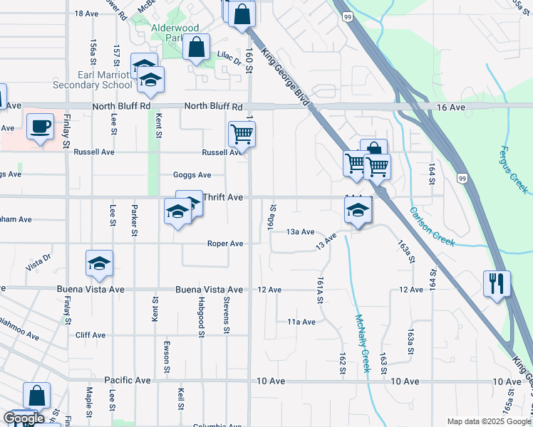 map of restaurants, bars, coffee shops, grocery stores, and more near 1365 160A Street in Surrey