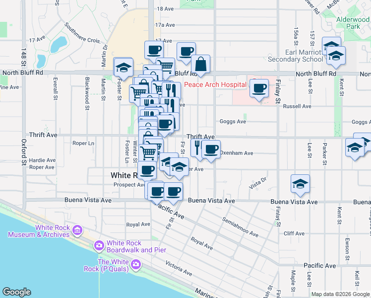 map of restaurants, bars, coffee shops, grocery stores, and more near 1360 Fir Street in White Rock