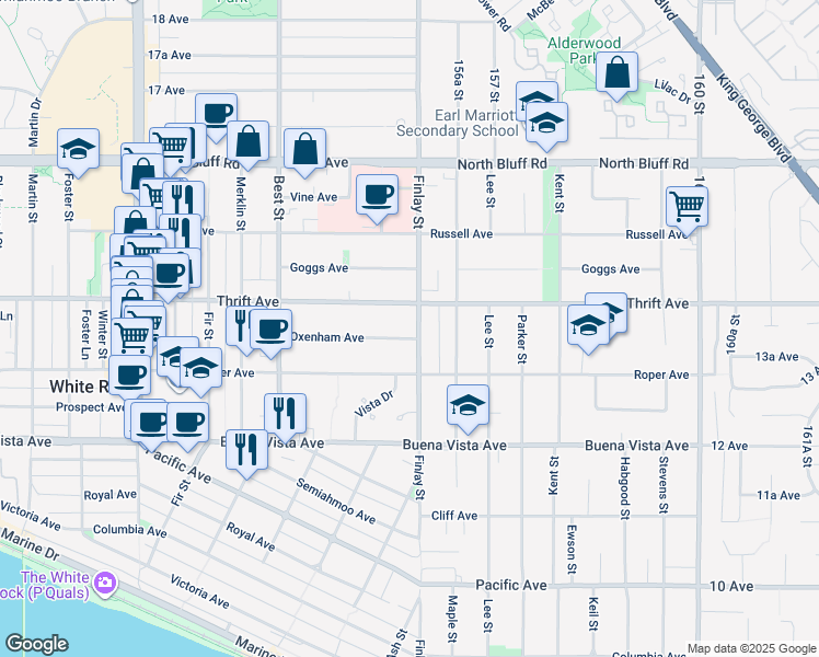 map of restaurants, bars, coffee shops, grocery stores, and more near 1361 Finlay Street in White Rock