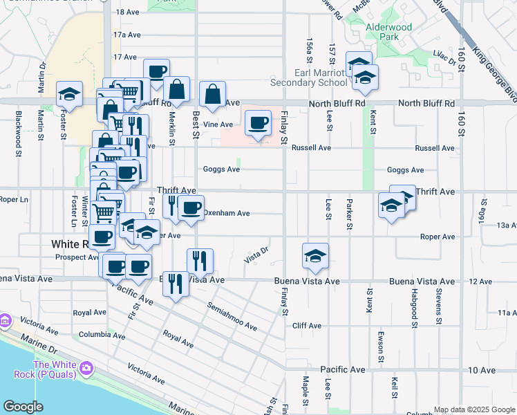 map of restaurants, bars, coffee shops, grocery stores, and more near 15541 Oxenham Avenue in White Rock