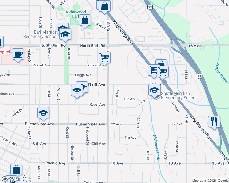 map of restaurants, bars, coffee shops, grocery stores, and more near 1365 160A Street in Surrey