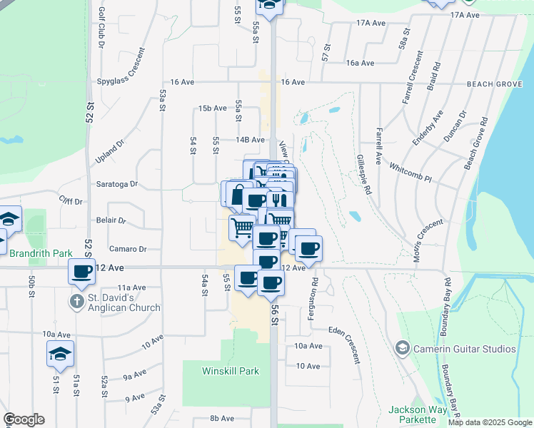 map of restaurants, bars, coffee shops, grocery stores, and more near 1323 56 Street in Delta