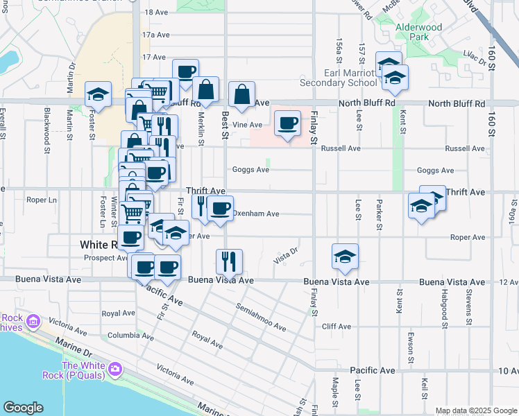 map of restaurants, bars, coffee shops, grocery stores, and more near 15479 Oxenham Avenue in White Rock