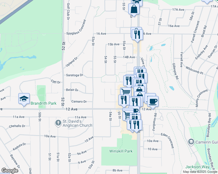 map of restaurants, bars, coffee shops, grocery stores, and more near 1313 Malibu Place in Delta