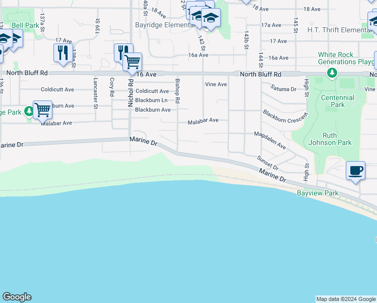 map of restaurants, bars, coffee shops, grocery stores, and more near 14183 Marine Drive in White Rock