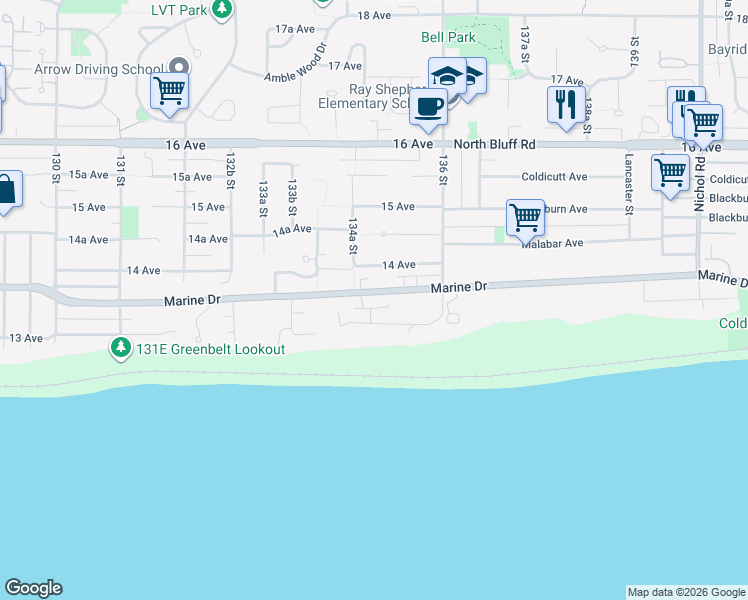 map of restaurants, bars, coffee shops, grocery stores, and more near 13486 Marine Drive in Surrey