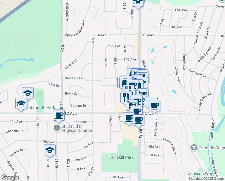 map of restaurants, bars, coffee shops, grocery stores, and more near 1317 Malibu Place in Delta