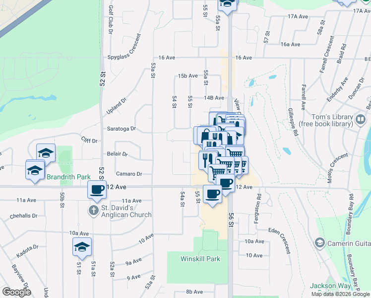 map of restaurants, bars, coffee shops, grocery stores, and more near 5475 13A Avenue in Delta