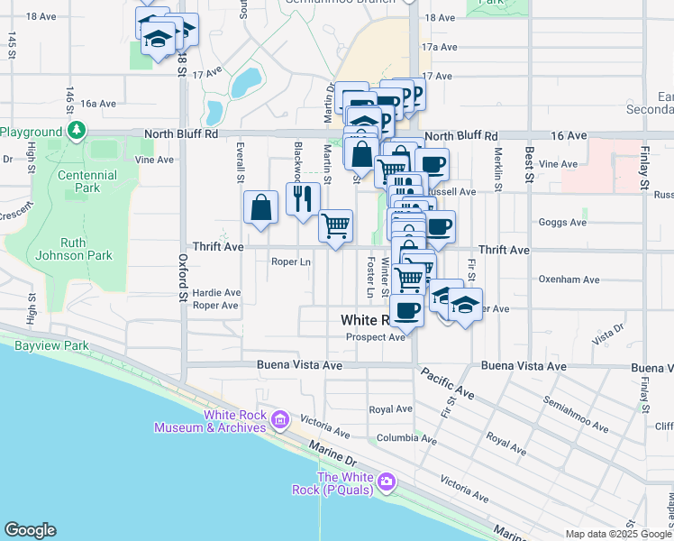 map of restaurants, bars, coffee shops, grocery stores, and more near 1360 Martin Street in White Rock