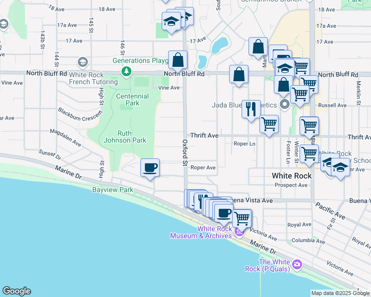 map of restaurants, bars, coffee shops, grocery stores, and more near 1350 Oxford Street in White Rock