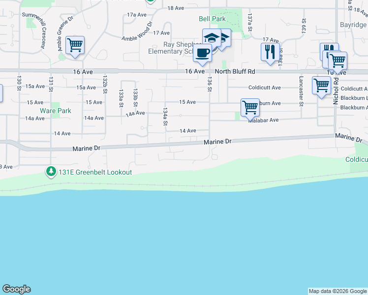 map of restaurants, bars, coffee shops, grocery stores, and more near in Surrey