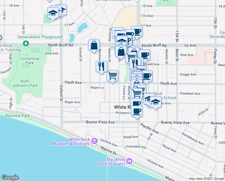 map of restaurants, bars, coffee shops, grocery stores, and more near 1360 Martin Street in White Rock