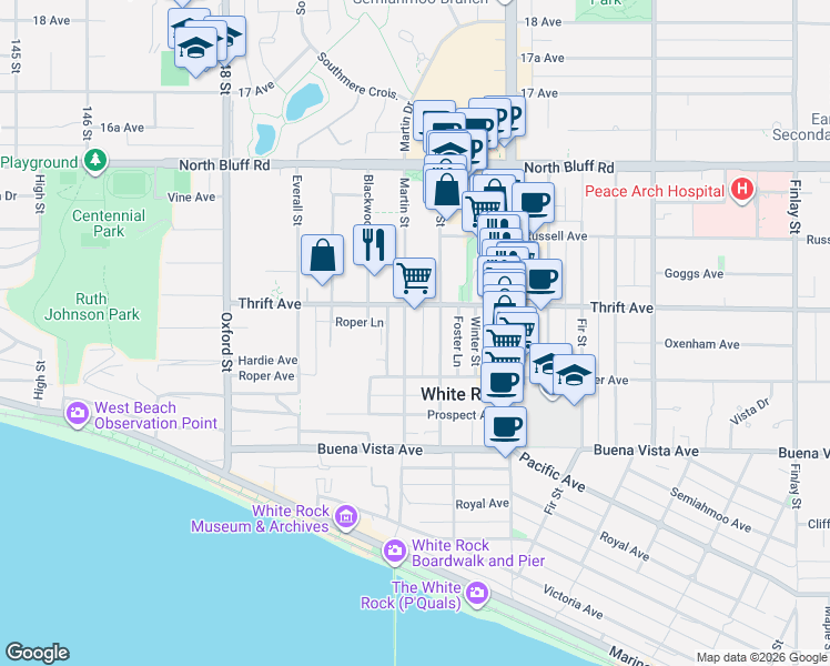 map of restaurants, bars, coffee shops, grocery stores, and more near 1360 Martin Street in White Rock
