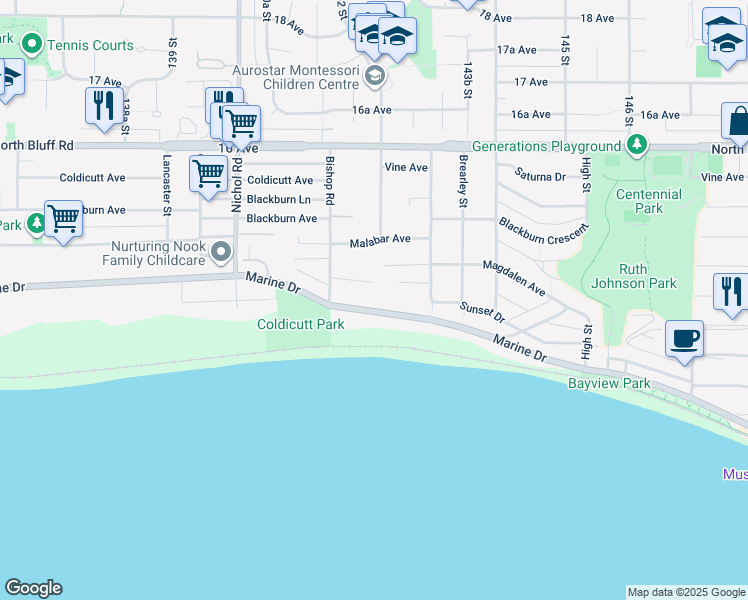 map of restaurants, bars, coffee shops, grocery stores, and more near 14213 Marine Drive in White Rock