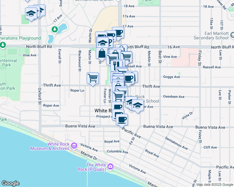 map of restaurants, bars, coffee shops, grocery stores, and more near 1363 Johnston Road in White Rock