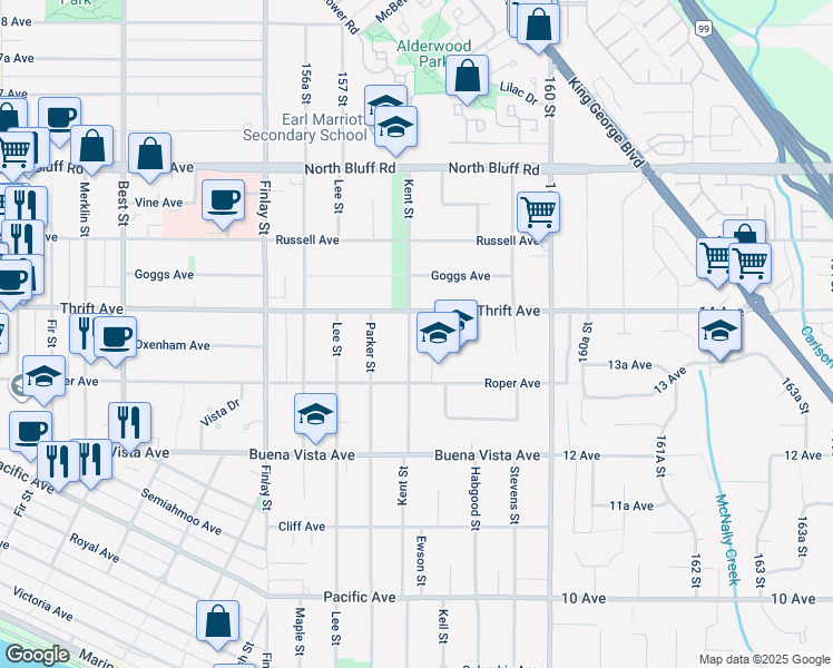 map of restaurants, bars, coffee shops, grocery stores, and more near 1368 Kent Street in White Rock