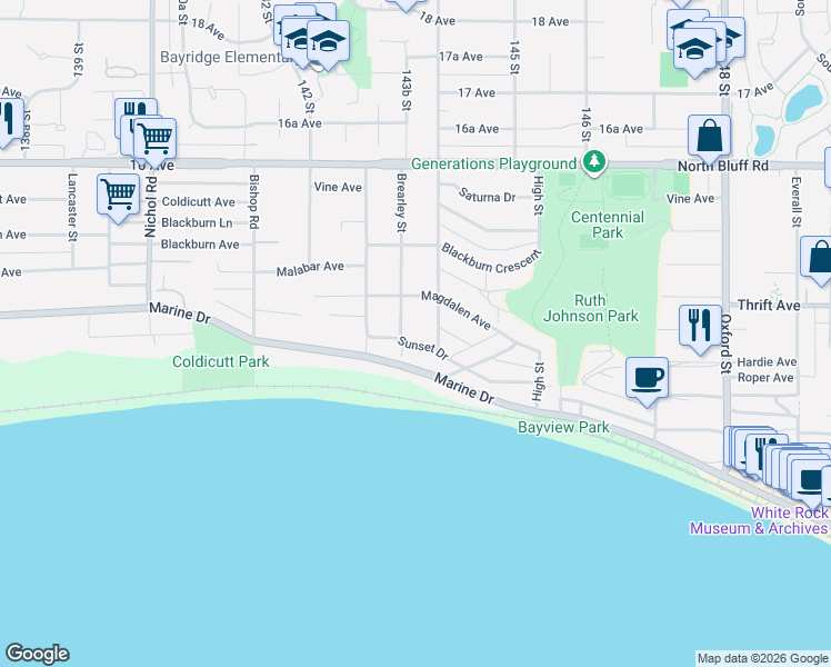 map of restaurants, bars, coffee shops, grocery stores, and more near 14371 Sunset Drive in White Rock
