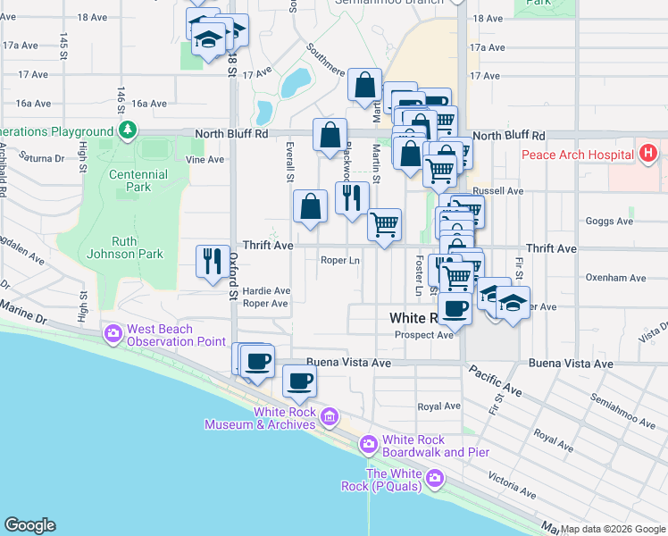 map of restaurants, bars, coffee shops, grocery stores, and more near 14950 Thrift Avenue in White Rock