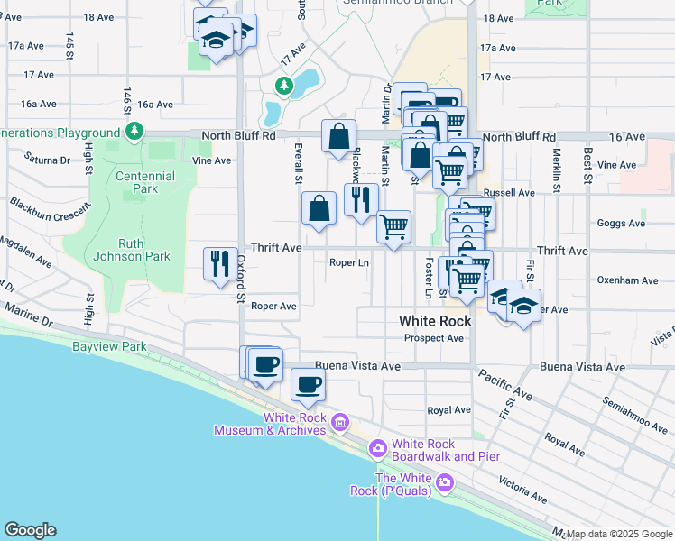 map of restaurants, bars, coffee shops, grocery stores, and more near in White Rock