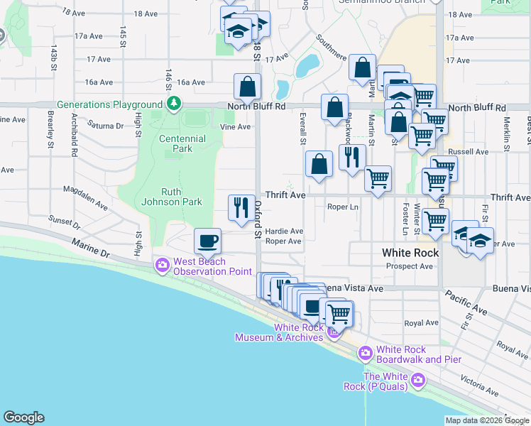 map of restaurants, bars, coffee shops, grocery stores, and more near 14786 Thrift Avenue in White Rock