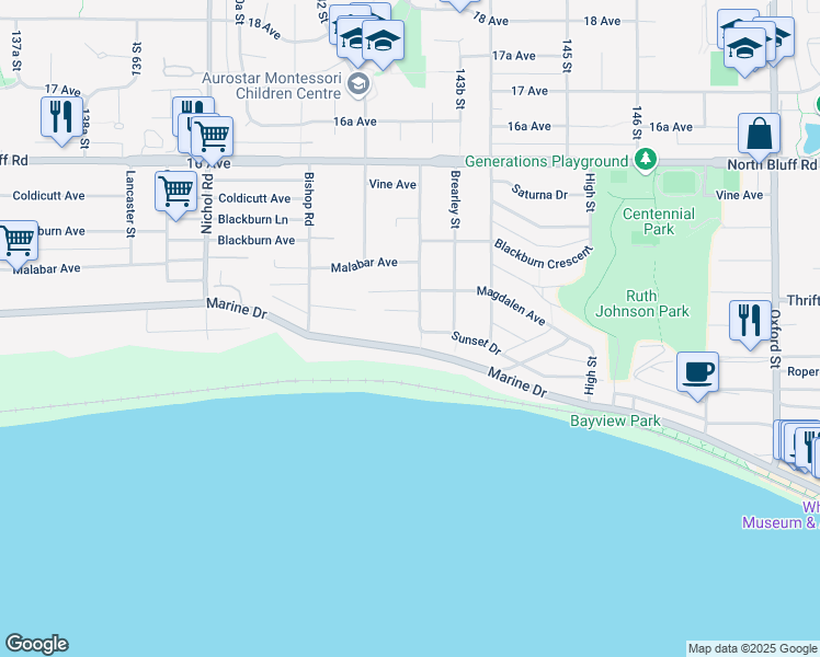 map of restaurants, bars, coffee shops, grocery stores, and more near 1375 Kerfoot Road in White Rock
