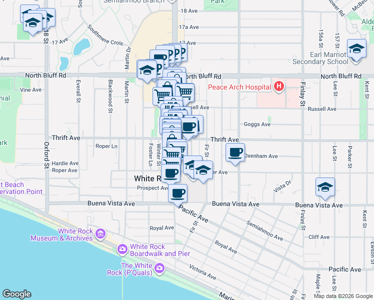 map of restaurants, bars, coffee shops, grocery stores, and more near 1369 George Street in White Rock
