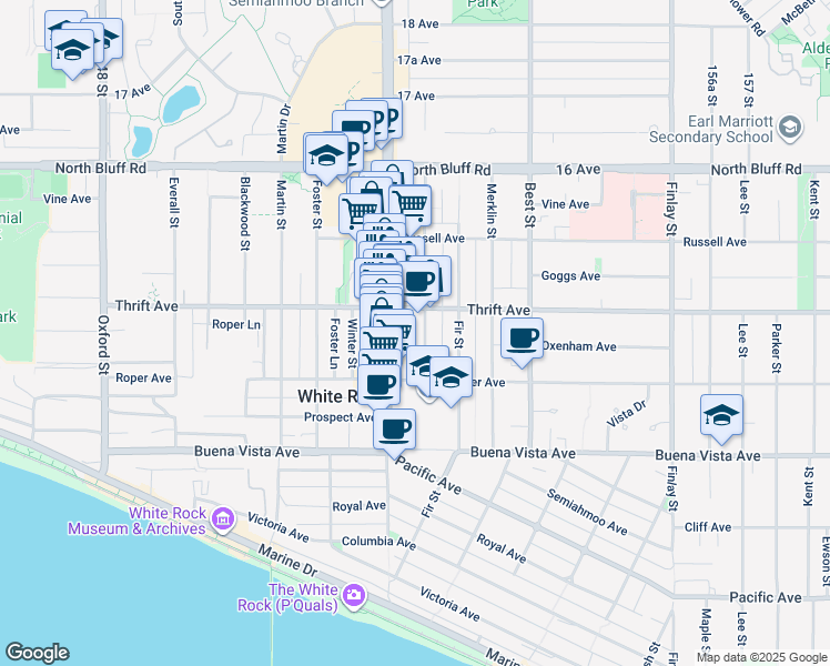 map of restaurants, bars, coffee shops, grocery stores, and more near 1369 George Street in White Rock