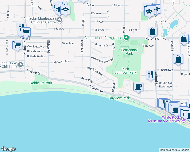 map of restaurants, bars, coffee shops, grocery stores, and more near 14439 Sunset Lane in White Rock