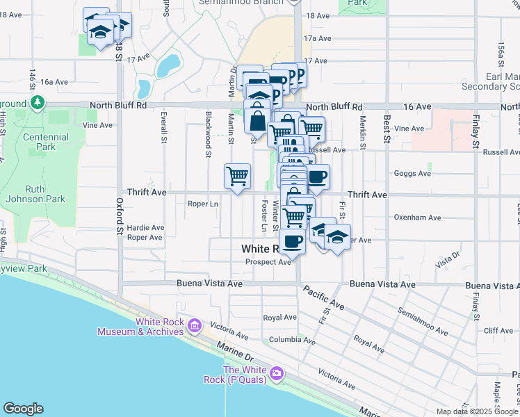 map of restaurants, bars, coffee shops, grocery stores, and more near 1368 Foster Street in White Rock