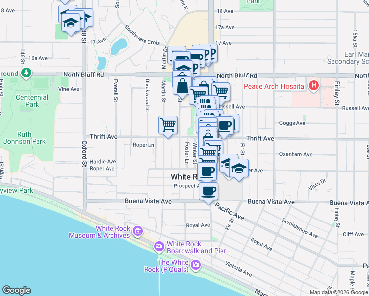 map of restaurants, bars, coffee shops, grocery stores, and more near 1368 Foster Street in White Rock