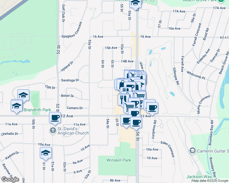 map of restaurants, bars, coffee shops, grocery stores, and more near 1320 55 Street in Delta