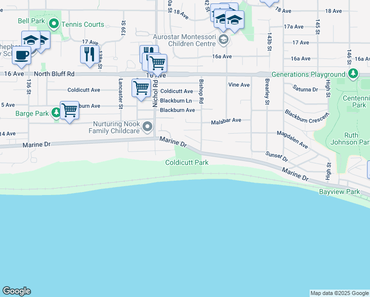 map of restaurants, bars, coffee shops, grocery stores, and more near 14104 Marine Drive in White Rock