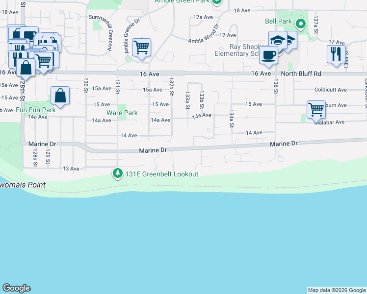 map of restaurants, bars, coffee shops, grocery stores, and more near 13307 Marine Drive in Surrey