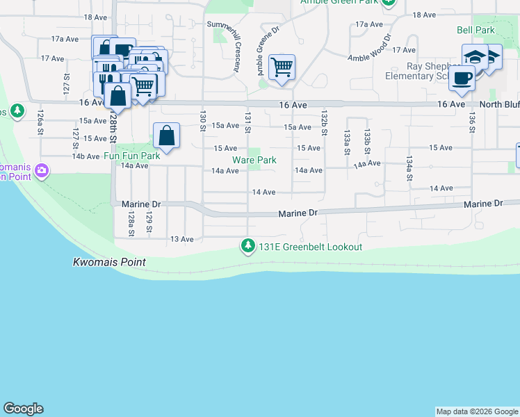 map of restaurants, bars, coffee shops, grocery stores, and more near 13123 Marine Drive in Surrey