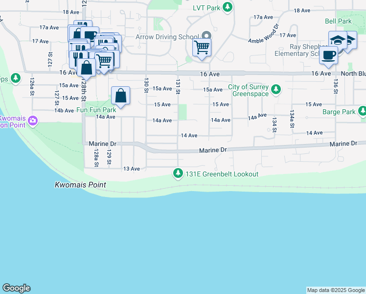 map of restaurants, bars, coffee shops, grocery stores, and more near 13115 Marine Drive in Surrey