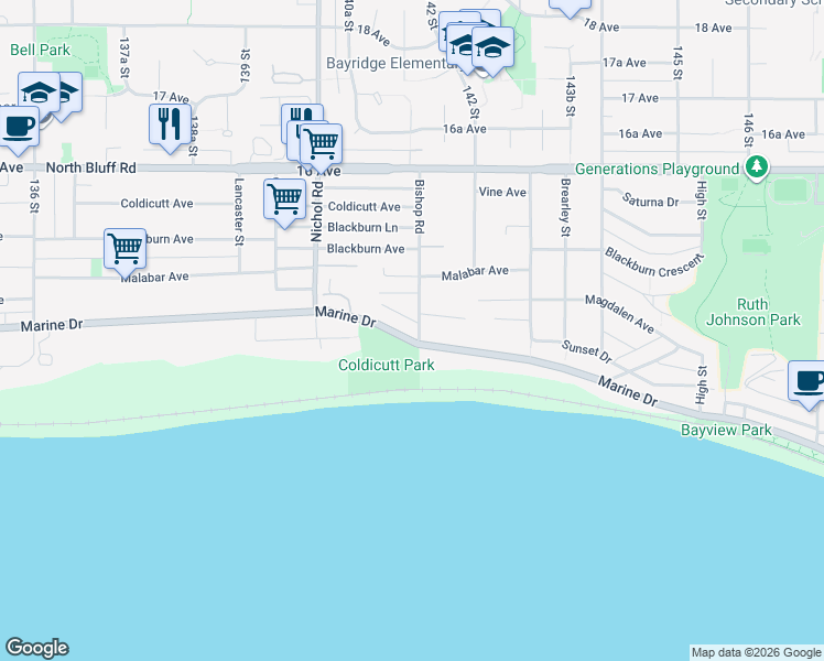 map of restaurants, bars, coffee shops, grocery stores, and more near 14139 Marine Drive in White Rock
