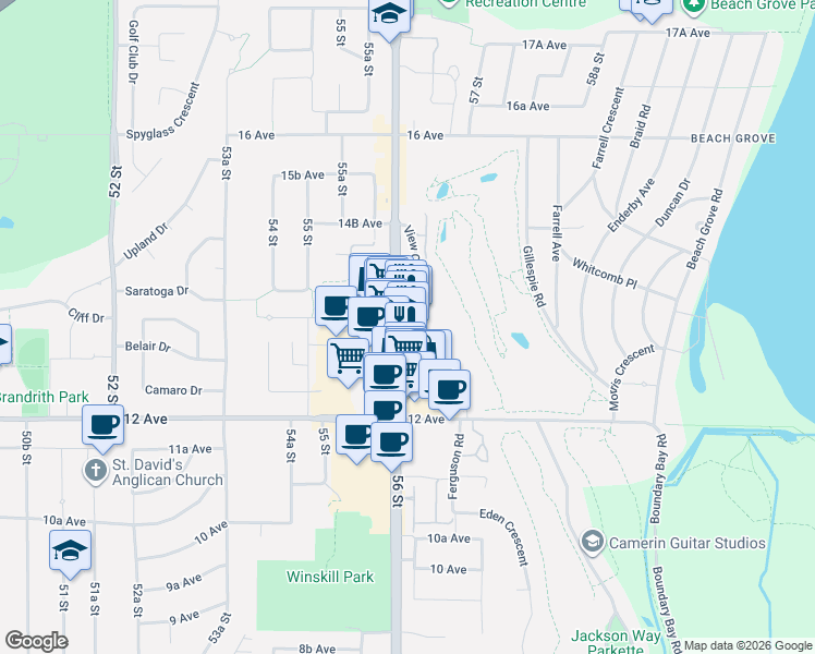 map of restaurants, bars, coffee shops, grocery stores, and more near 1342 56 Street in Delta