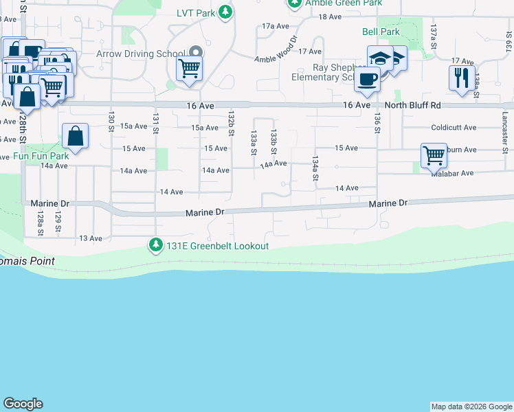 map of restaurants, bars, coffee shops, grocery stores, and more near 13327 Marine Drive in Surrey