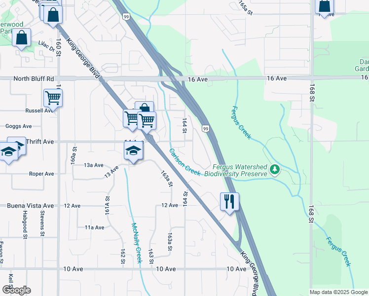 map of restaurants, bars, coffee shops, grocery stores, and more near 16350 14 Avenue in Surrey