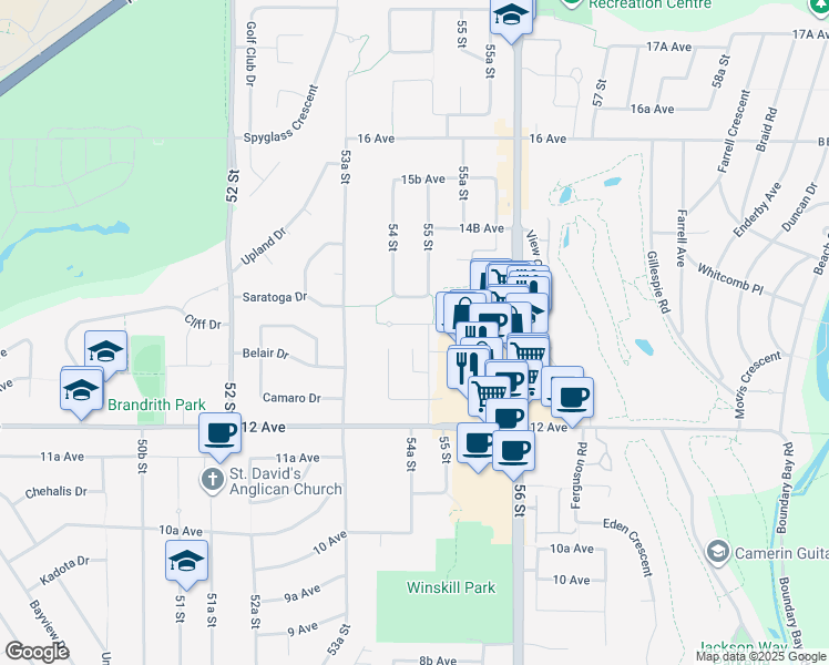 map of restaurants, bars, coffee shops, grocery stores, and more near 5454 13A Avenue in Delta
