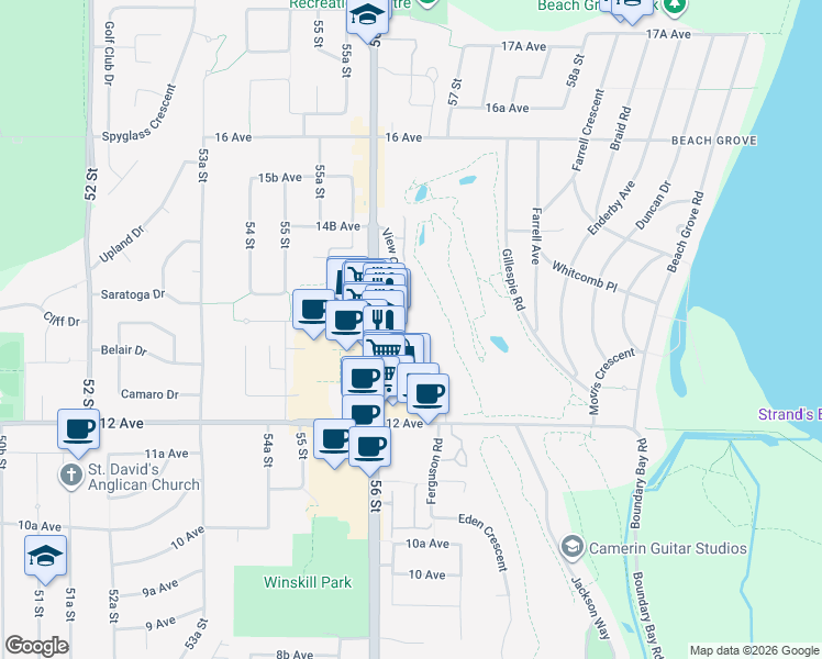 map of restaurants, bars, coffee shops, grocery stores, and more near 1350 View Crescent in Delta