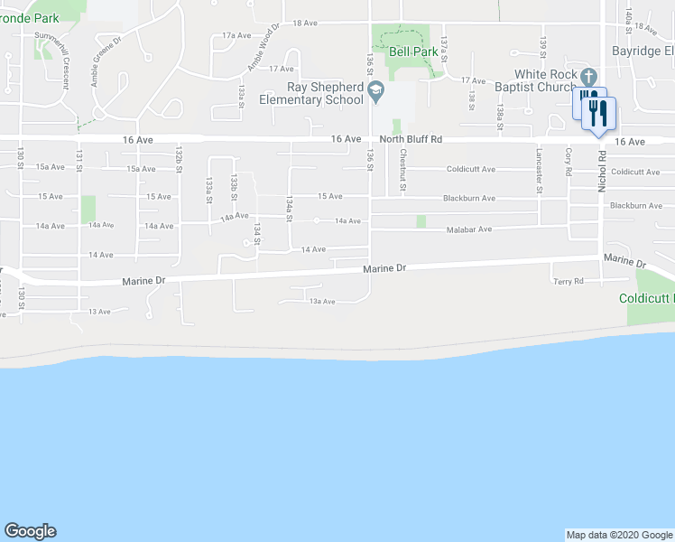 map of restaurants, bars, coffee shops, grocery stores, and more near 13543 Marine Drive in Surrey