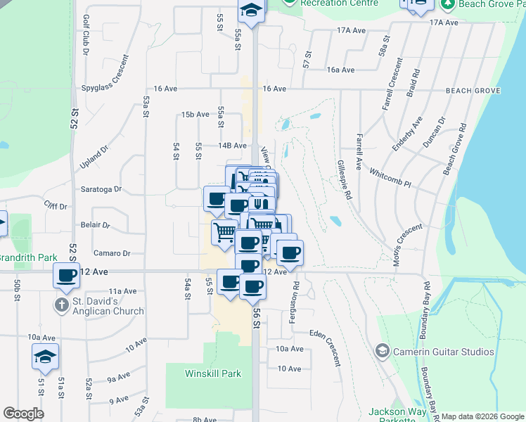 map of restaurants, bars, coffee shops, grocery stores, and more near 1342 56 Street in Delta
