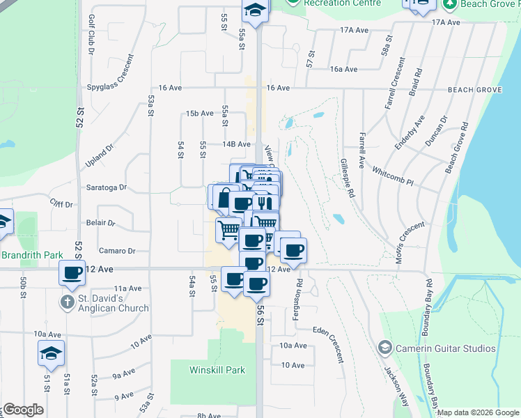 map of restaurants, bars, coffee shops, grocery stores, and more near 21009 56 Street in Delta