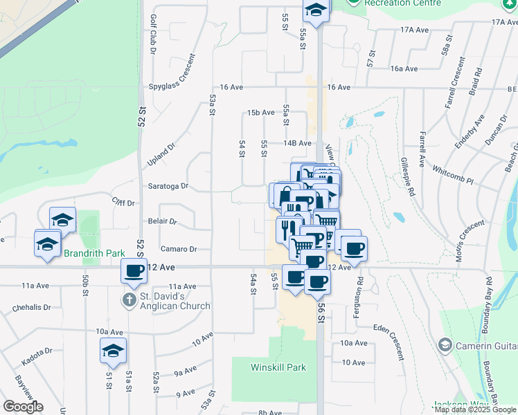 map of restaurants, bars, coffee shops, grocery stores, and more near 5464 13A Avenue in Delta